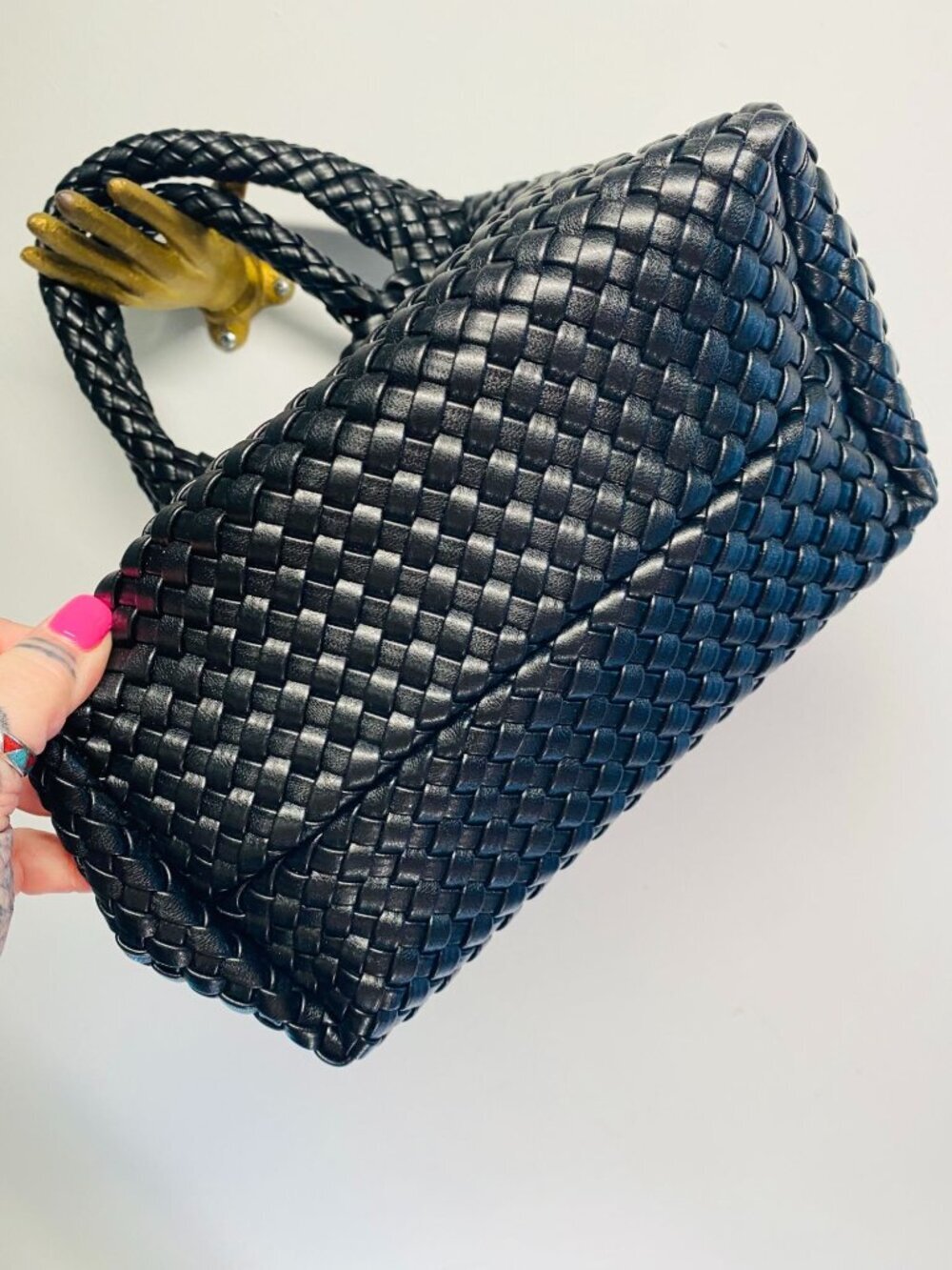 Woven Black Handbag With Cherry Strap Spacious Interior & Durable Design Perfect - Picture 3 of 7